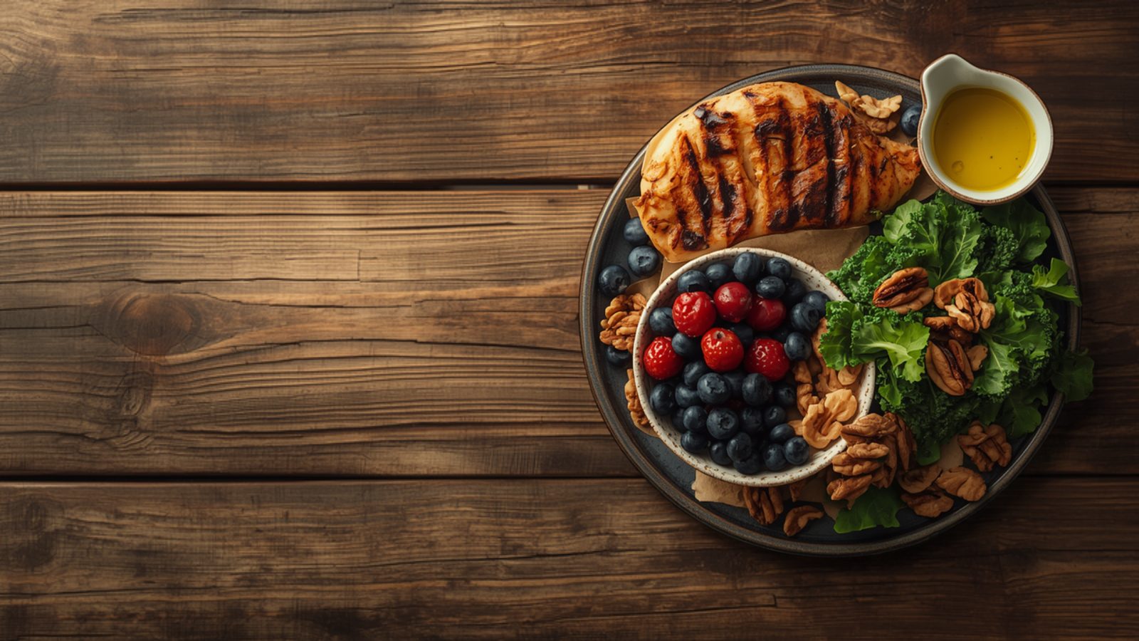 Overhead view of a plate on a rustic wooden table with grilled chicken, a bowl of blueberries and strawberries, leafy kale, walnuts and pecans, and a small jug of olive oil