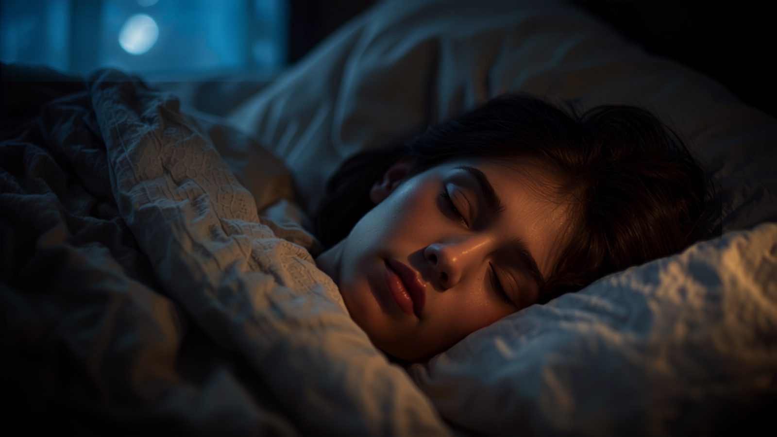 A person sleeps peacefully under soft covers in a dim, moonlit bedroom, representing the brain's restorative overnight clearance process