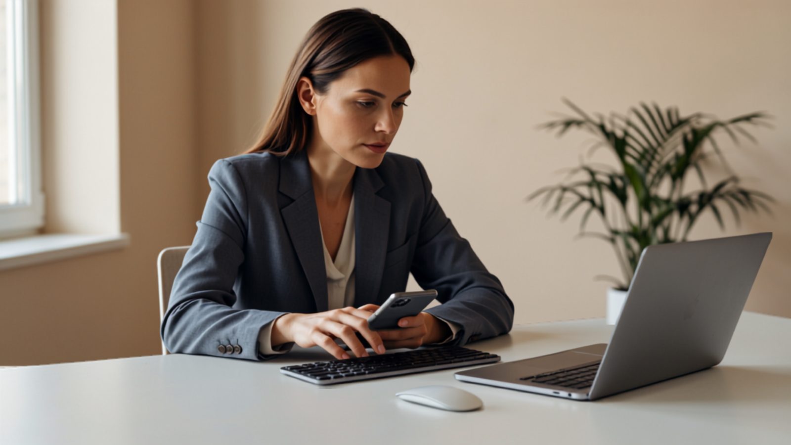 A professional at a desk pauses over the keyboard, attention pulled toward a phone notification, illustrating a moment of mid-task distraction